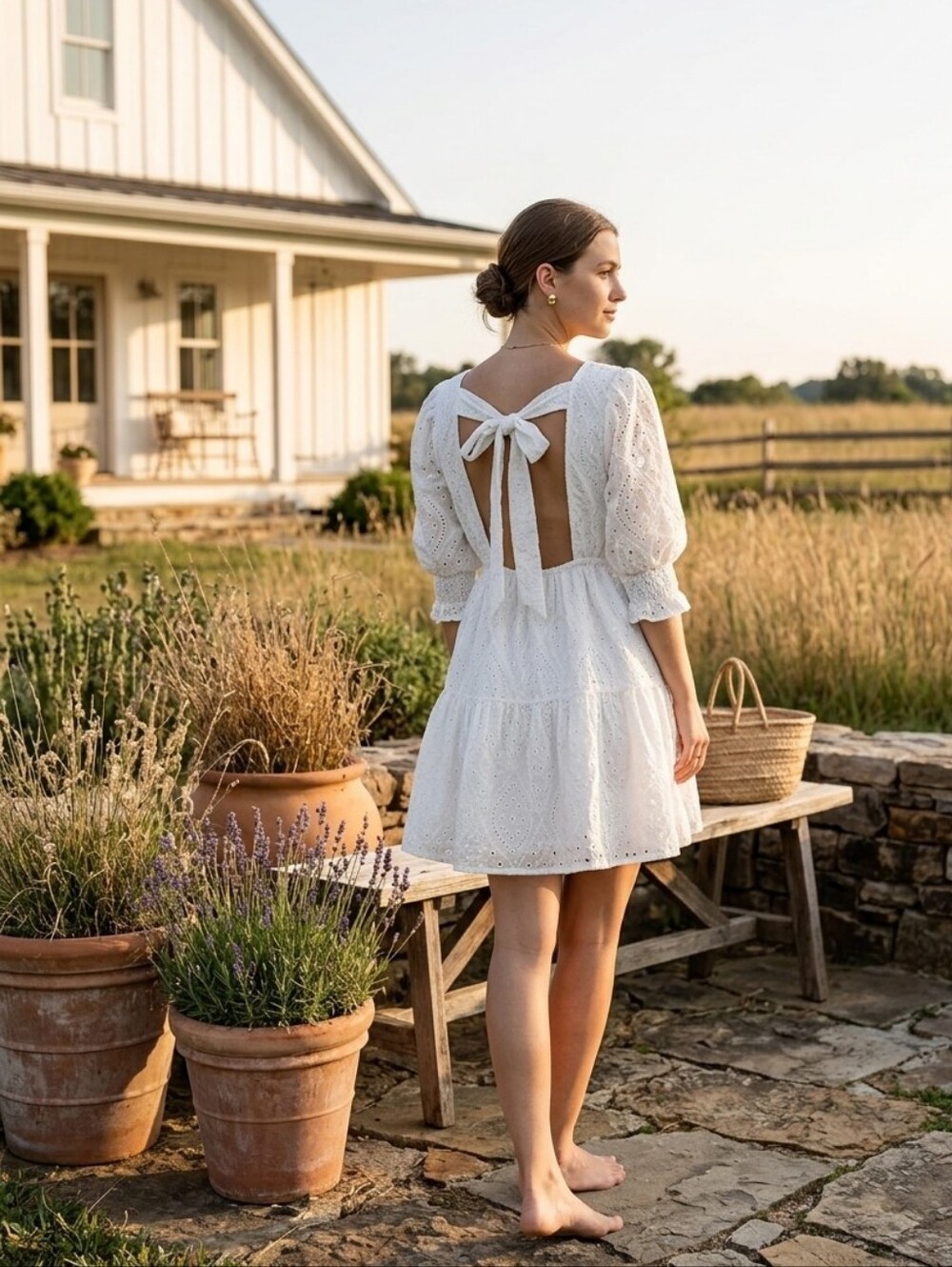Boho Minimalist Misa White Eyelet Cotton Puff Sleeve Open Tie Back Mini Dress S
